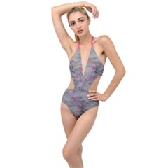 Marble Light Gray With Bright Magenta Pink Veins Texture Floor Background Retro Neon 80s Style Neon Colors Print Luxuous Real Marble Plunging Cut Out Swimsuit by genx