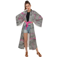 Marble Light Gray With Bright Magenta Pink Veins Texture Floor Background Retro Neon 80s Style Neon Colors Print Luxuous Real Marble Maxi Kimono by genx