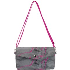 Marble Light Gray With Bright Magenta Pink Veins Texture Floor Background Retro Neon 80s Style Neon Colors Print Luxuous Real Marble Removable Strap Clutch Bag by genx