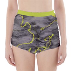 Marble Light Gray With Green Lime Veins Texture Floor Background Retro Neon 80s Style Neon Colors Print Luxuous Real Marble High-waisted Bikini Bottoms by genx