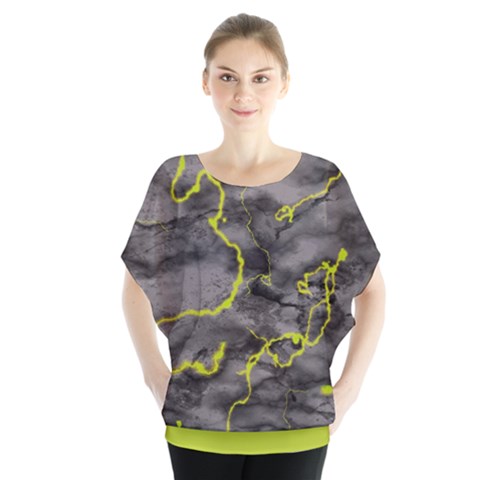 Marble Light Gray With Green Lime Veins Texture Floor Background Retro Neon 80s Style Neon Colors Print Luxuous Real Marble Batwing Chiffon Blouse by genx
