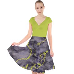 Marble Light Gray With Green Lime Veins Texture Floor Background Retro Neon 80s Style Neon Colors Print Luxuous Real Marble Cap Sleeve Front Wrap Midi Dress by genx