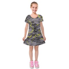 Marble Light Gray With Green Lime Veins Texture Floor Background Retro Neon 80s Style Neon Colors Print Luxuous Real Marble Kids  Short Sleeve Velvet Dress by genx