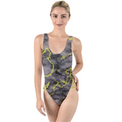 Marble Light Gray With Green Lime Veins Texture Floor Background Retro Neon 80s Style Neon Colors Print Luxuous Real Marble High Leg Strappy Swimsuit by genx