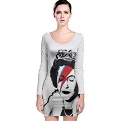 Banksy Graffiti Uk England God Save The Queen Elisabeth With David Bowie Rockband Face Makeup Ziggy Stardust Long Sleeve Bodycon Dress by snek