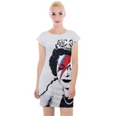 Banksy Graffiti Uk England God Save The Queen Elisabeth With David Bowie Rockband Face Makeup Ziggy Stardust Cap Sleeve Bodycon Dress by snek