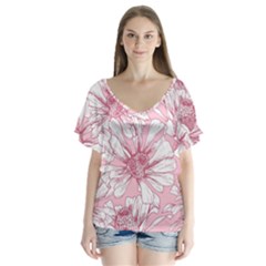 Pink Flowers V-neck Flutter Sleeve Top by Sobalvarro