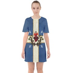 Quebec Flag Drapeau Québec Patriote Carillon Sacré-coeur Christian Catholic Old Vintage With Fleurs De Lys Sixties Short Sleeve Mini Dress by Quebec