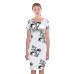 French France Fleur De Lys Metal Pattern Black And White Antique Vintage Classic Short Sleeve Midi Dress by Quebec