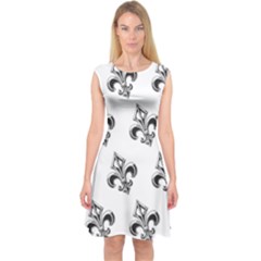 French France Fleur De Lys Metal Pattern Black And White Antique Vintage Capsleeve Midi Dress by Quebec