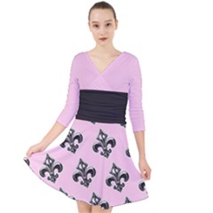French France Fleur De Lys Metal Pattern Black And White Antique Vintage Pink And Black Rocker Quarter Sleeve Front Wrap Dress by Quebec