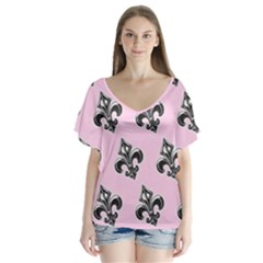 French France Fleur De Lys Metal Pattern Black And White Antique Vintage Pink And Black Rocker V-neck Flutter Sleeve Top by Quebec