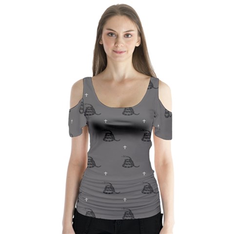 Gadsden Flag Don t Tread On Me Black And Gray Snake And Metal Gothic Crosses Butterfly Sleeve Cutout Tee  by snek