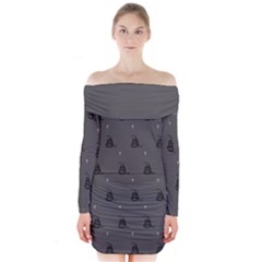 Gadsden Flag Don t Tread On Me Black And Gray Snake And Metal Gothic Crosses Long Sleeve Off Shoulder Dress by snek