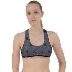 Gadsden Flag Don t Tread On Me Black And Gray Snake And Metal Gothic Crosses Criss Cross Racerback Sports Bra by snek