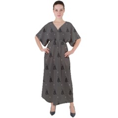 Gadsden Flag Don t Tread On Me Black And Gray Snake And Metal Gothic Crosses V-neck Boho Style Maxi Dress by snek