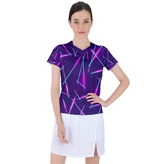Retrowave Aesthetic Vaporwave Retro Memphis Pattern 80s Design Geometric Shapes Futurist Purple Pink Blue Neon Light Women s Mesh Sports Top by genx
