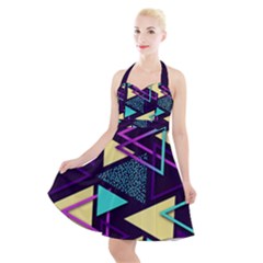 Retrowave Aesthetic Vaporwave Retro Memphis Triangle Pattern 80s Yellow Turquoise Purple Halter Party Swing Dress  by genx