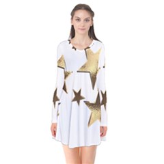 Stars Faux Gold Elegant Starry Festive Christmas Pattern Long Sleeve V-neck Flare Dress by yoursparklingshop