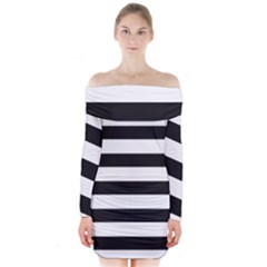 Black And White Large Stripes Goth Mime French Style Long Sleeve Off Shoulder Dress by genx