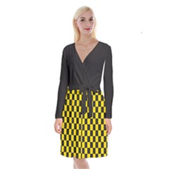 Checkerboard Pattern Black And Yellow Ancap Libertarian Long Sleeve Velvet Front Wrap Dress by snek