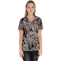 Fern Leaves Foliage Black And White Women s V-neck Scrub Top by Vaneshart