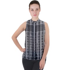 Architecture Structure Glass Metal Mock Neck Chiffon Sleeveless Top by Vaneshart