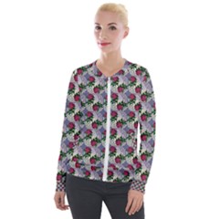 Doily Rose Pattern Blue Velour Zip Up Jacket by snowwhitegirl
