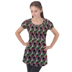 Doily Rose Pattern Black Puff Sleeve Tunic Top by snowwhitegirl