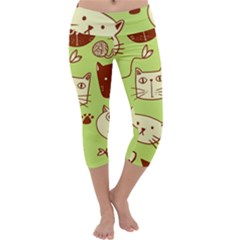 Cute Hand Drawn Cat Seamless Pattern Capri Yoga Leggings by Vaneshart