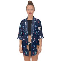 Cute Astronaut Cat With Star Galaxy Elements Seamless Pattern Open Front Chiffon Kimono by Vaneshart
