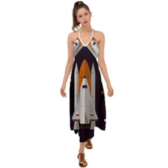 Rocket Space Universe Spaceship Halter Tie Back Dress  by Wegoenart