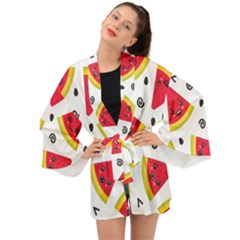 Cute Smiling Watermelon Seamless Pattern White Background Long Sleeve Kimono by Nexatart