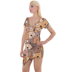 Cute Dog Seamless Pattern Background Short Sleeve Asymmetric Mini Dress by Nexatart