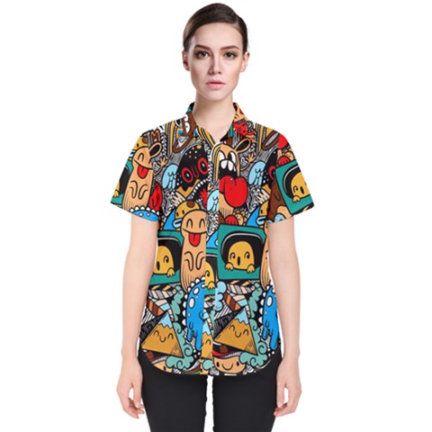 Abstract Grunge Urban Pattern With Monster Character Super Drawing Graffiti Style Women s Short Sleeve Shirt by Nexatart