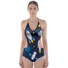 Big Set Cute Astronauts Space Planets Stars Aliens Rockets Ufo Constellations Satellite Moon Rover V Cut-out One Piece Swimsuit by Nexatart