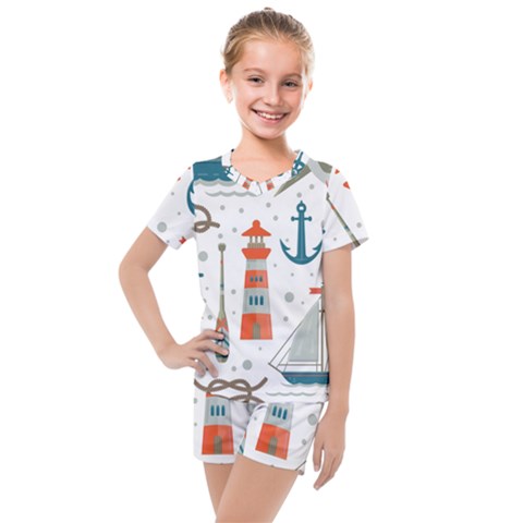 Nautical Elements Pattern Background Kids  Mesh Tee And Shorts Set by Vaneshart
