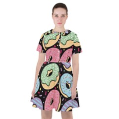 Colorful Donut Seamless Pattern On Black Vector Sailor Dress by Sobalvarro
