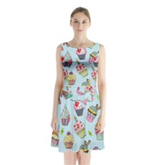 Cupcake Doodle Pattern Sleeveless Waist Tie Chiffon Dress by Sobalvarro