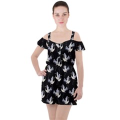 Crane Pattern Ruffle Cut Out Chiffon Playsuit by Wegoenart