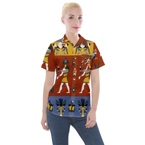 Ancient Egyptian Religion Seamless Pattern Women s Short Sleeve Pocket Shirt by Wegoenart