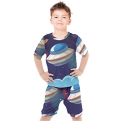 Ufo Alien Spaceship Galaxy Kids  Tee And Shorts Set by Vaneshart