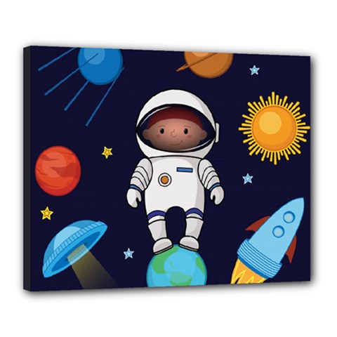 Boy Spaceman Space Rocket Ufo Planets Stars Canvas 20  X 16  (stretched) by Vaneshart