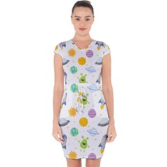 Seamless Pattern Cartoon Space Planets Isolated White Background Capsleeve Drawstring Dress  by Vaneshart
