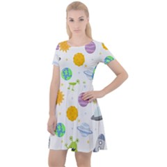 Seamless Pattern Cartoon Space Planets Isolated White Background Cap Sleeve Velour Dress  by Vaneshart