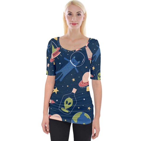 Seamless Pattern With Funny Aliens Cat Galaxy Wide Neckline Tee by Vaneshart