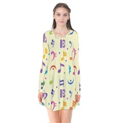 Seamless Pattern Musical Note Doodle Symbol Long Sleeve V-neck Flare Dress by Vaneshart