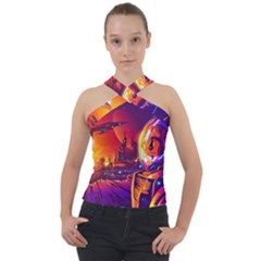 Far Future Human Colonization Cross Neck Velour Top by Vaneshart