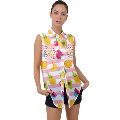 Tropical Fruits Berries Seamless Pattern Sleeveless Chiffon Button Shirt by Vaneshart
