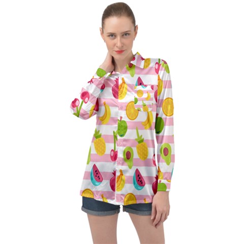 Tropical Fruits Berries Seamless Pattern Long Sleeve Satin Shirt by Vaneshart
